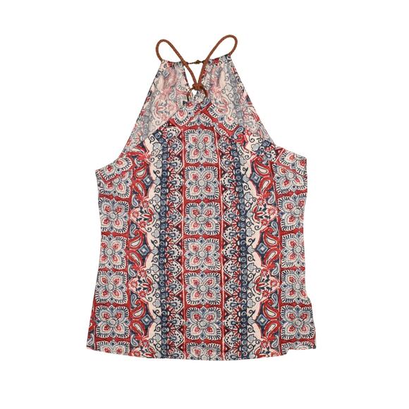 CHAPS DENIM NEW $49 Red Blue Floral Sleeveless‎ Halter Top Medium - Picture 1 of 3